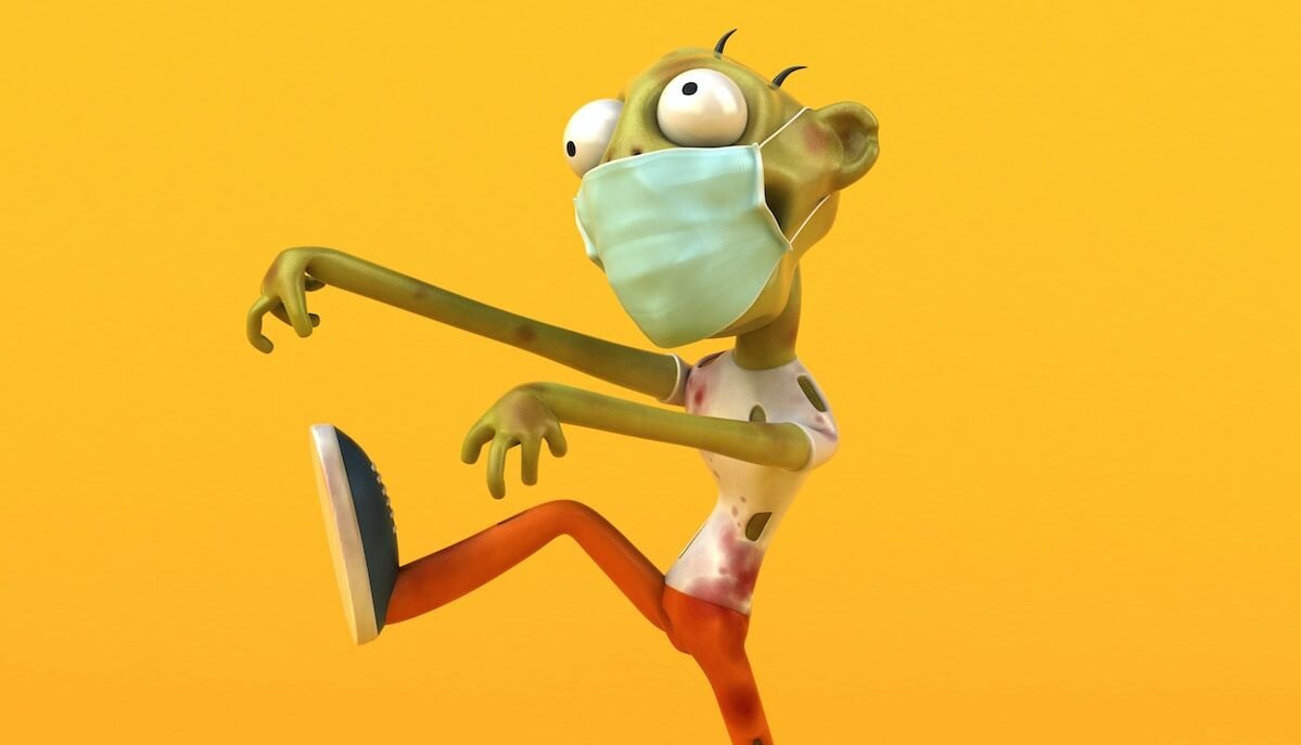 a cartoon character wearing a face mask and running