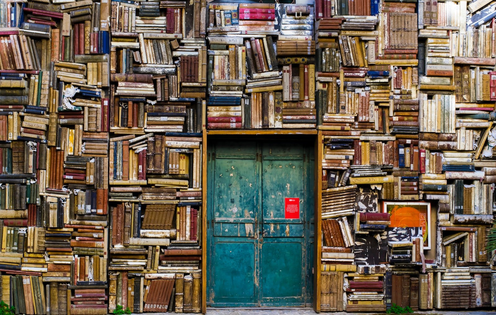 blue wooden door surrounded by book covered wall