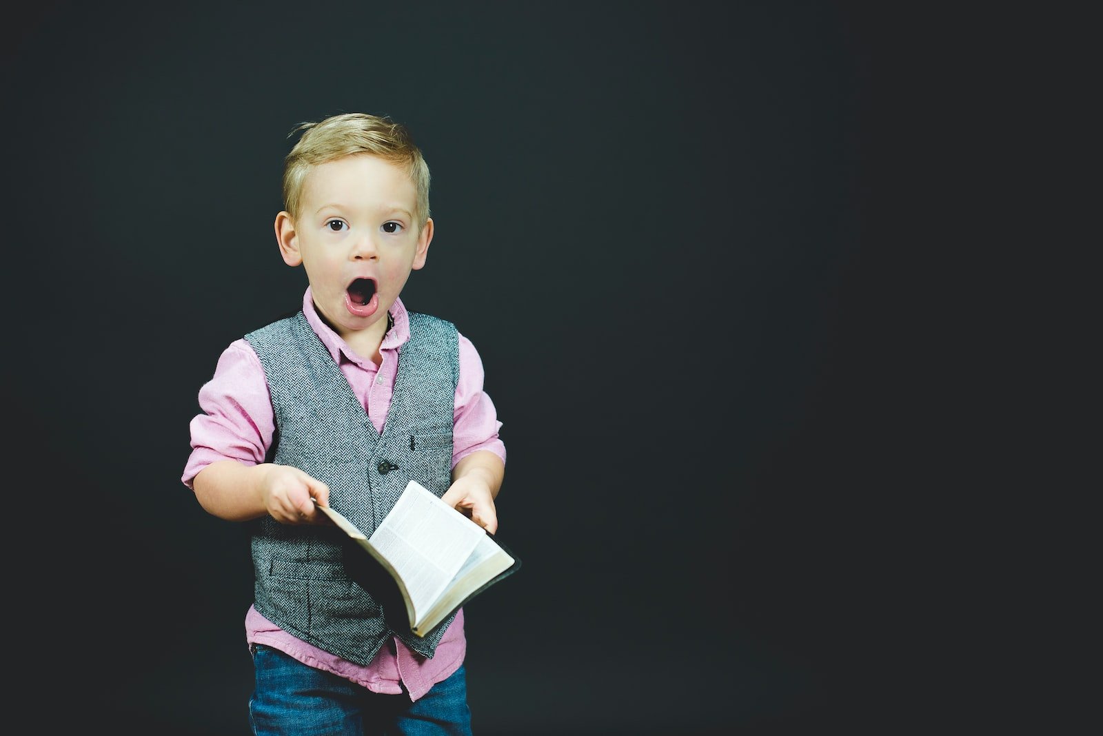 boy wearing gray vest and pink dress shirt holding book